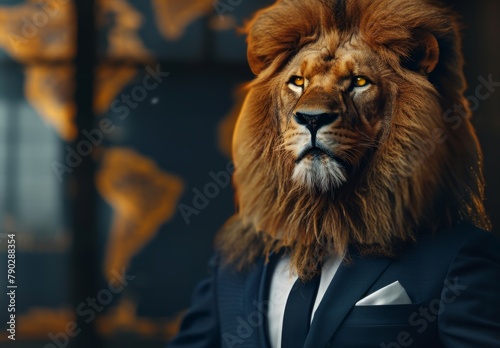 A stunning lion in a sharp suit  with a holographic economic chart showing global business growth and asset investment analysis