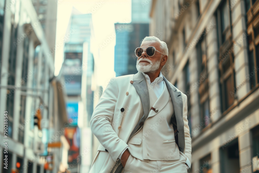 Luxurious fashionable elderly man in the city, copy space of a man in a white suit with a beard and grey hair in a stylish street with designer clothing