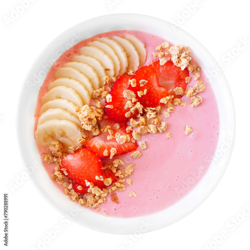Healthy strawberry smoothie bowl with bananas and granola isolated on a white background