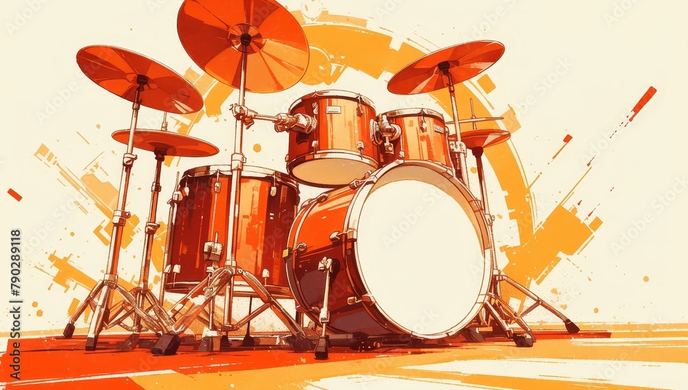 A vintage drum set with retro color blocks, reminiscent of the mid20th century. The background features an abstract design in warm tones, evoking nostalgia and capturing musical memories. 