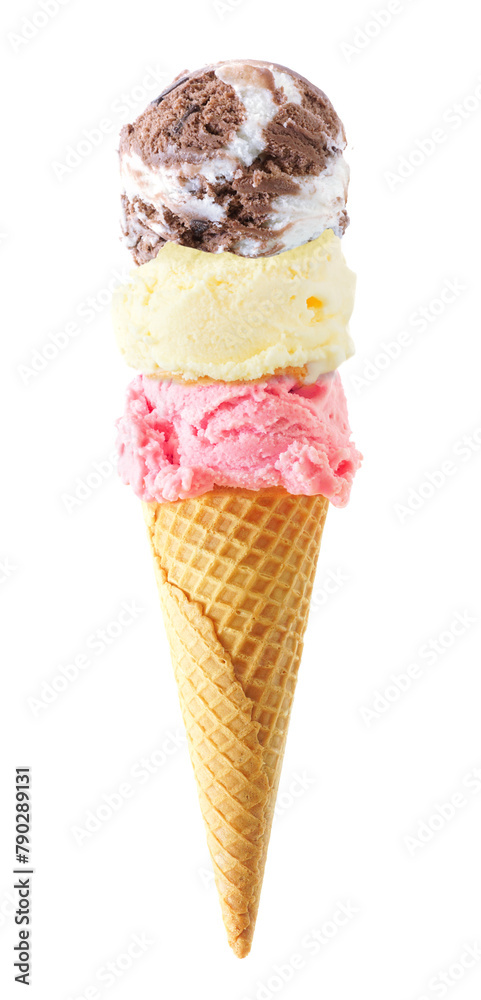Obraz premium Triple scoop ice cream cone isolated on a white background. Chocolate heavenly hash, vanilla and strawberry flavors in a waffle cone.
