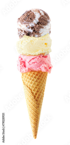Triple scoop ice cream cone isolated on a white background. Chocolate heavenly hash, vanilla and strawberry flavors in a waffle cone.