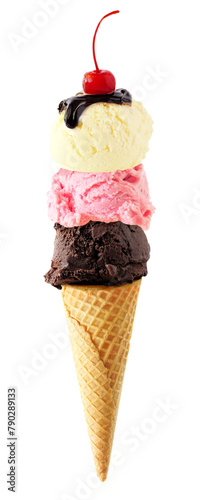 Triple scoop ice cream cone with cherry on top isolated on a white background. Vanilla, strawberry and dark chocolate flavors in a waffle cone.