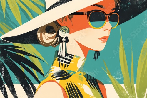 A vintage retro illustration of a woman in a summer dress and hat, with sunglasses, palm trees, and a beach scene. The color palette includes orange, green, white, yellow, red, and blue. 