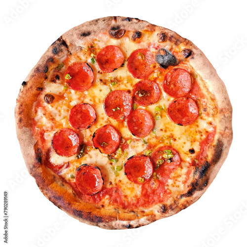 Wood fired pizza with crispy pepperoni isolated on a white background