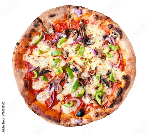 Wood fired pizza with pepperoni, mushrooms, green peppers and red onions isolated on a white background © Jenifoto