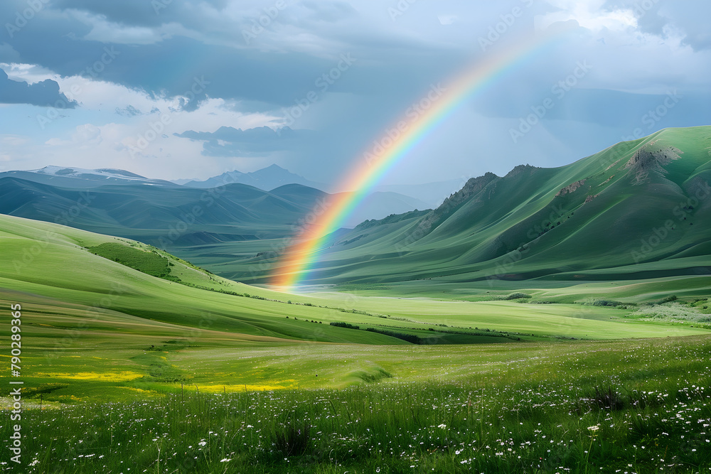 A rainbow appears over a green valley with mountains in the background, a beautiful and serene natural phenomenon.