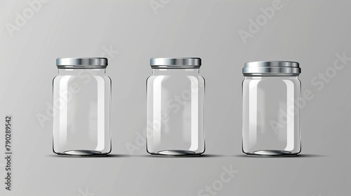 An empty glass jar with a metal lid. A realistic modern illustration set of transparent clear containers with silver caps for food storage and canning. Blank kitchen packaging.