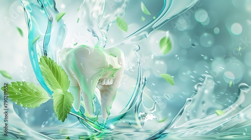 Shiny white healthy tooth with green mint leaves and splashing transparent liquid. Realistic 3d modern dental hygiene concept. Glow molar with dental materials for dentists. photo