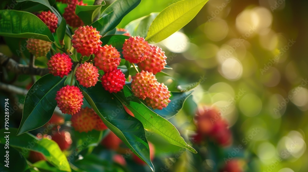 Tasty fruits are produced by red crown flowers growing on trees Tasty fruits are produced by red crown flowers growing on trees