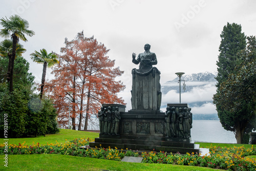Statue of Giusepper Cattori in park "Playgroundat Burbaglio" in Locarno