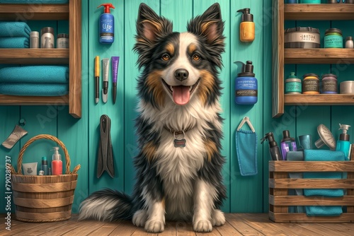 A red and white border collie sits in the center of an elegant, well-organized dog care product storage room with shelves full of different types of beauty products for dogs. 