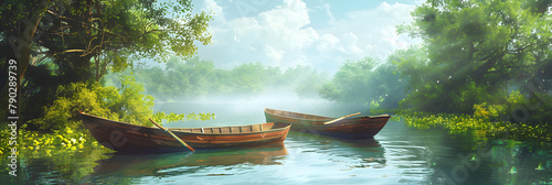 Idyllic Serenity: Punt Boats gently Floating on a Tranquil Lake Surrounded by Nature's Beauty photo