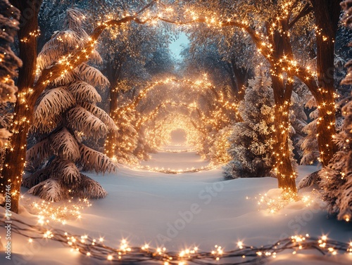 A Christmas tree lighted path through a snowy forest. The lights are twinkling and creating a warm, cozy atmosphere © MaxK