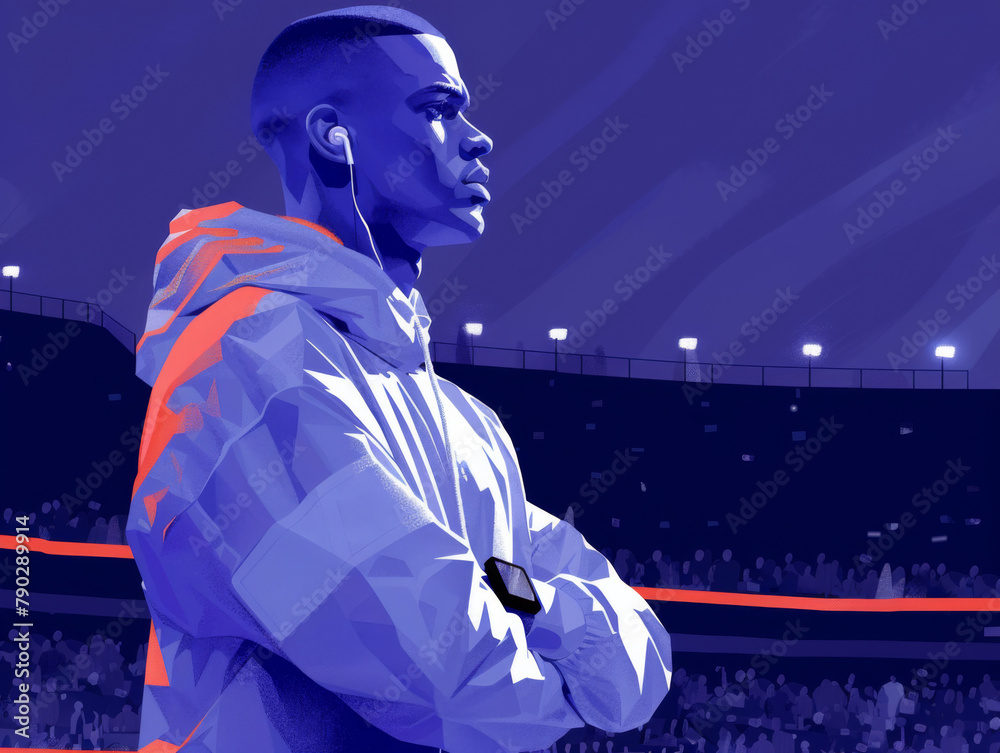 Obraz premium Illustration of a focused runner standing on a track with hands folded, sporting earphones.
