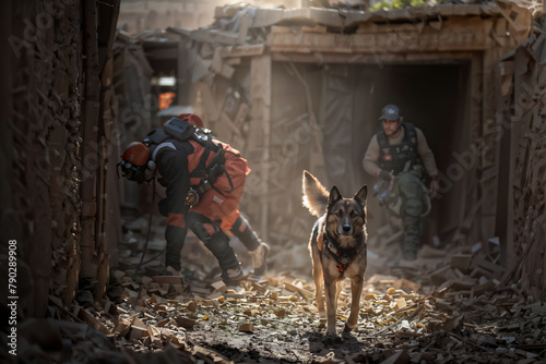 a search and rescue team, dog proficient in detecting life, wading through a maze of rubble photo