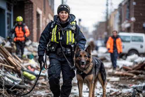Search and rescue team, dog handler leading a well-trained K9 amidst crumbled buildings photo