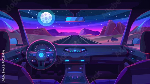 In car with steering wheel, control dashboard and gps navigator. Cartoon modern of driving an automobile in the desert at night under full moon light.