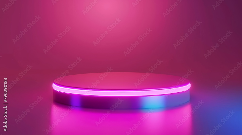 A 3D flying product podium on a pink stage. Abstract background. Objects and cosmetics displayed on a cylinder platform. Futuristic neon light banner with soft gradient. Bright wave on the wall. A 3D flying product podium on a pink stage. Abstract background. Objects and cosmetics displayed on a cylinder platform. Futuristic neon light banner with soft gradient. Bright wave on the wall.