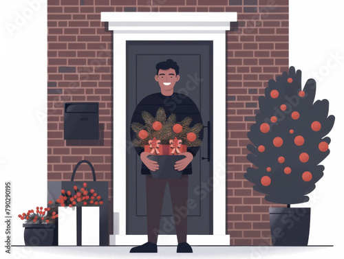 Illustration of a happy man standing at a doorstep with a potted plant, greeting with a smile. photo