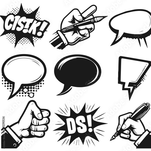 Blank white speech bubbles of different shapes. Rays, radial, halftone, dotted effects. Vector illustration in pop art style
