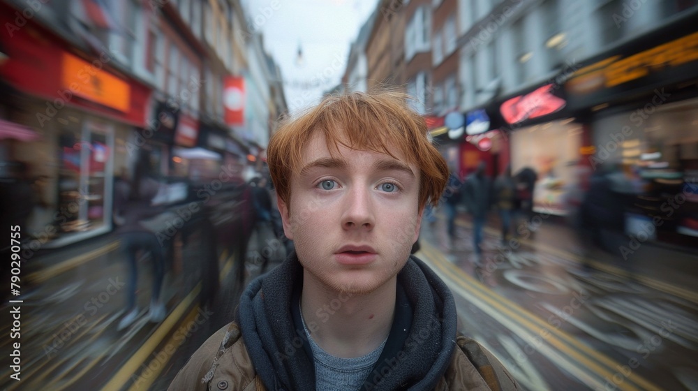 Colorful portrait of young handsome man with red beard in looking at camera. Street portrait