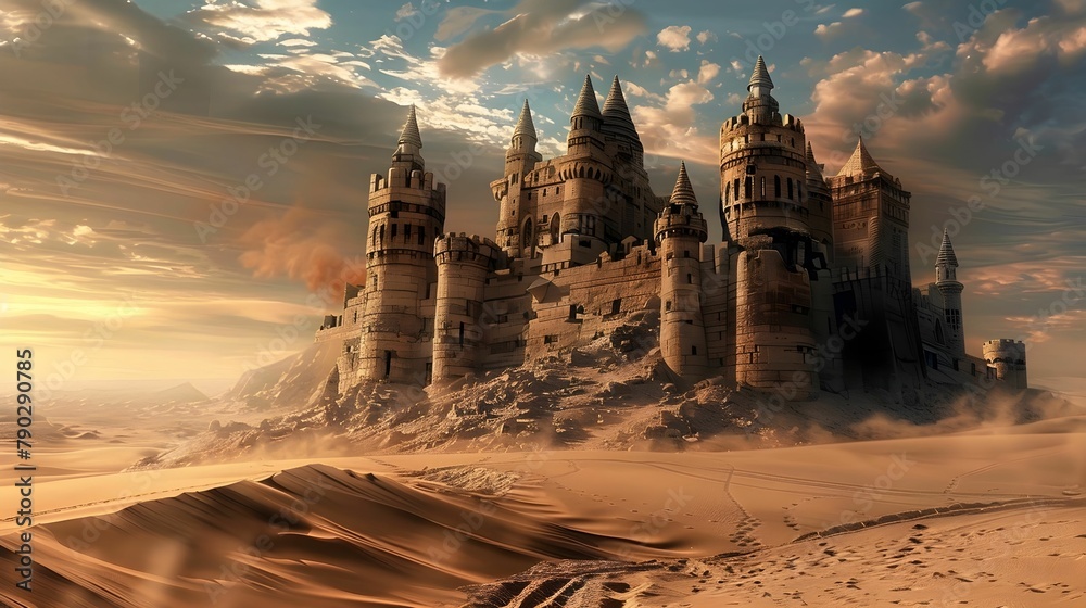 Naklejka premium CASTLE RUINS IN THE DESERT WALLPAPER BACKGROUND