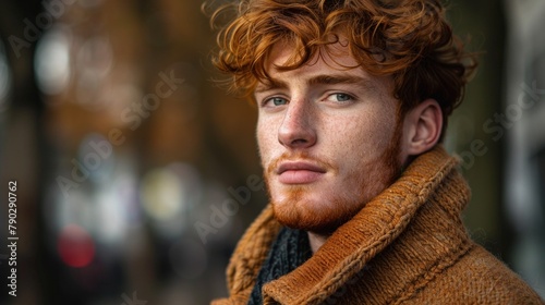 Colorful portrait of young handsome man with red beard in looking at camera. Street portrait