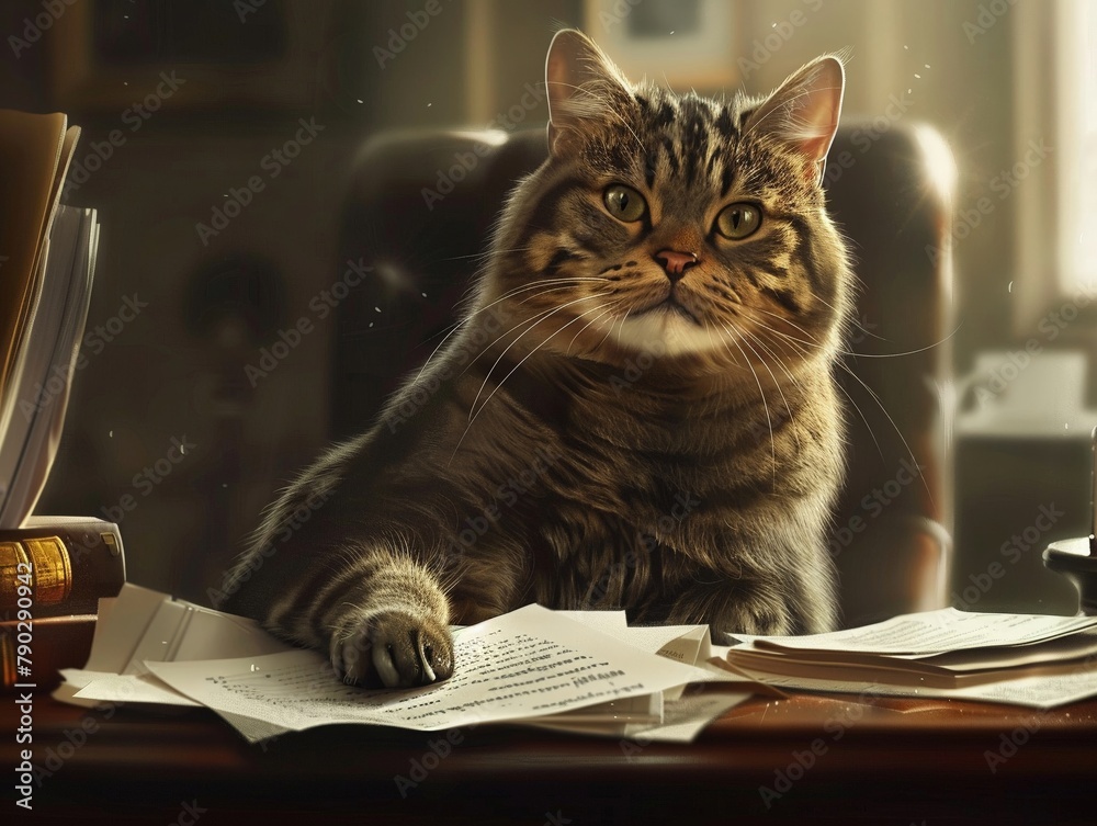 A majestic tabby cat boss sits on an office desk, attentively overseeing scattered papers in a warm, sunlit room. A majestic tabby cat boss sits on an office desk, attentively overseeing scattered papers in a warm, sunlit room.