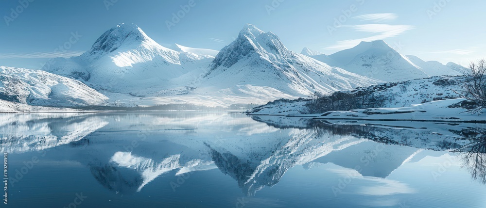 A beautiful winter landscape with snow-capped mountains and a frozen lake.