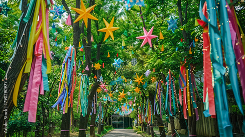 View of a garden with trees decorated with colorful ribbons and paper stars in the sky, celebrating Tanabata.