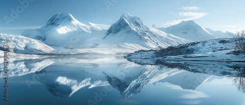 A beautiful winter landscape with snow-capped mountains and a frozen lake. © wasan