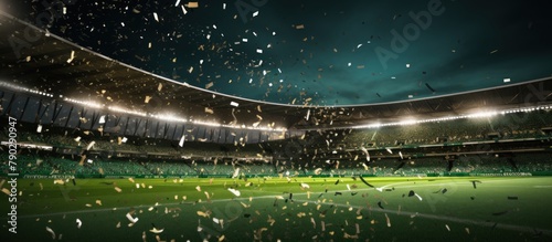 perayaan confetti dengan latar belakang lapangan sepak bola. photo