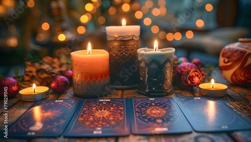 Mystical Tarot Spread with Ambient Candles. Concept Tarot Cards, Mystic Energy, Candlelit Atmosphere