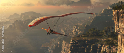 Hang glider flying high above rugged coastal cliffs with ocean waves crashing below, in sunlight.