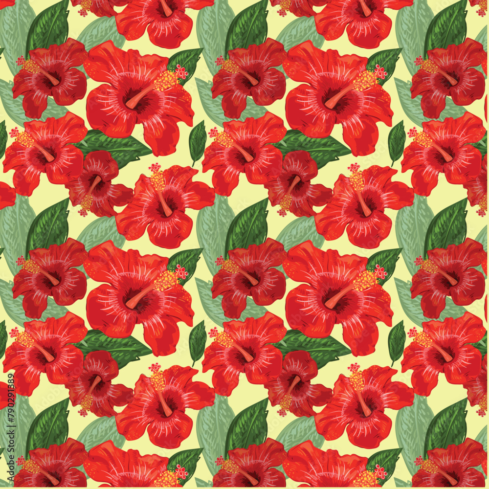 Red hibiscus flower with leaves in retro style on a yellow background. Floral ornament. Tropical red ornament. Seamless abstract floral wallpaper design. Floral vector print. Red hibiscus flower with leaves in retro style on a yellow background. Floral ornament. Tropical red ornament. Seamless abstract floral wallpaper design. Floral vector print.