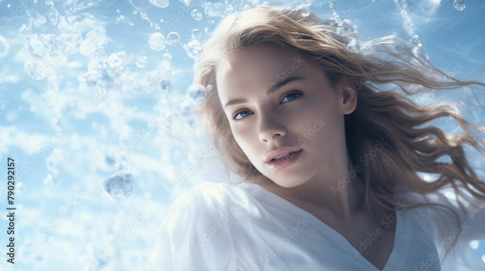 Woman with flowing hair in clear blue water, bubbles catching the sunlight around her Woman with flowing hair in clear blue water, bubbles catching the sunlight around her