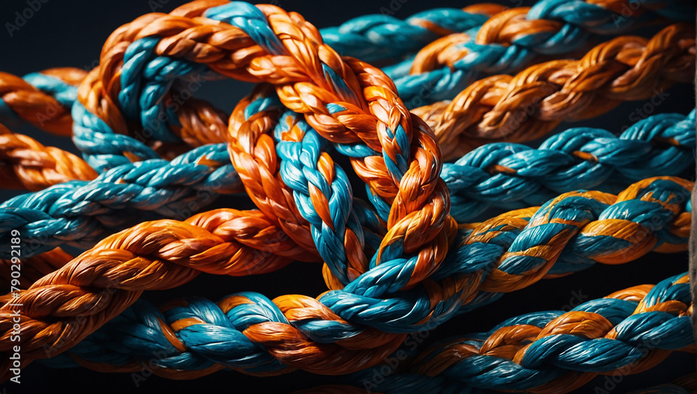 A unique and visually stunning knot in a braided rope, with each strand carefully woven together to create a beautiful and complex pattern.