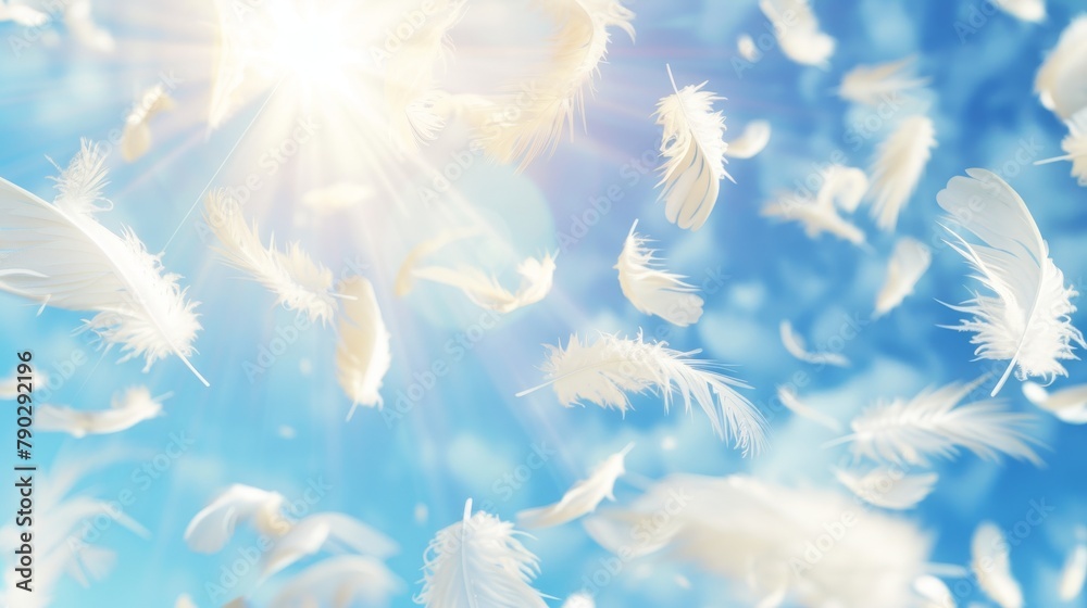 The fluffy soft feathers float in the air, floating against a blue sky background. An illustration of lightness and innocence with all-white feathers flying in the air. - obrazy, fototapety, plakaty 