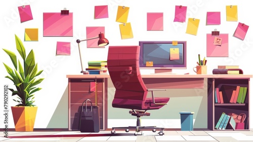 Workplace with table, computer, armchair, task cards glued to monitor, coffee cup and potted plant, wastepaper basket on the floor, isolated on white background cartoon modern illustration. photo