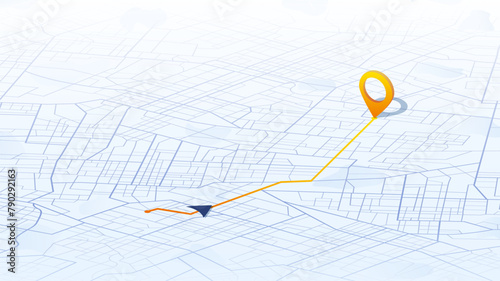 Navigation system showing tracking navigation in progress on the streets. Track navigation pin on street maps, navigate mapping locate position pin. Vector illustration