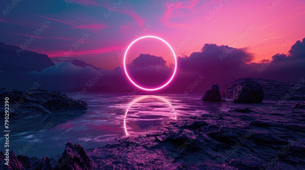 Fototapeta premium The great pink floating circle beyond the river that surrounded with a lot amount of the tall mountains at the dawn or dusk time of the day that shine light to the every part of the picture. AIGX03.
