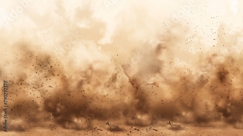 A sandstorm on the desert, brown dusty clouds or dry sand flying with gusts of wind, and brown smoke with small particles on transparent background. photo