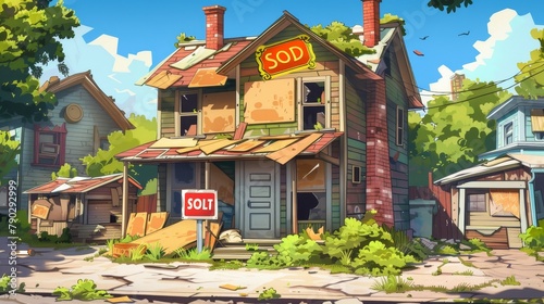 Broken roof, boarded up windows, abandoned dilapidated house. Modern cartoon of abandoned ramshackle cottage for sale.