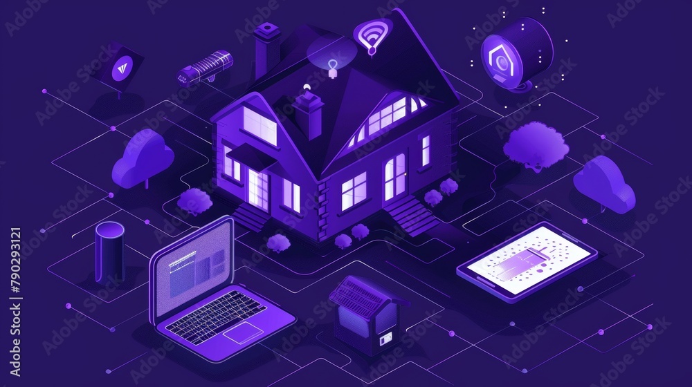 Icon of a smart home with surveillance monitoring cameras, a computer, laptop, home and cloud.