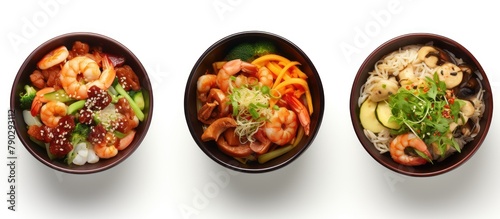 set of bowls with tasty Chinese food.