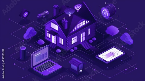 Icon of a smart home with surveillance monitoring cameras, a computer, laptop, home and cloud.