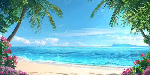 Tropical beach background with palm trees, blue sea, and sandy beach. Perfect for vacation and travel concepts.
