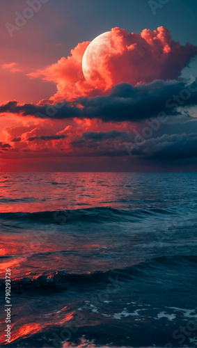 Beautiful and dramatic red sky with a full moon over the the ocean