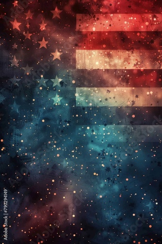 Grunge American Flag Backdrop with Bokeh Effect and Starry Motifs for Patriotic Themes. copy space concept independence day
